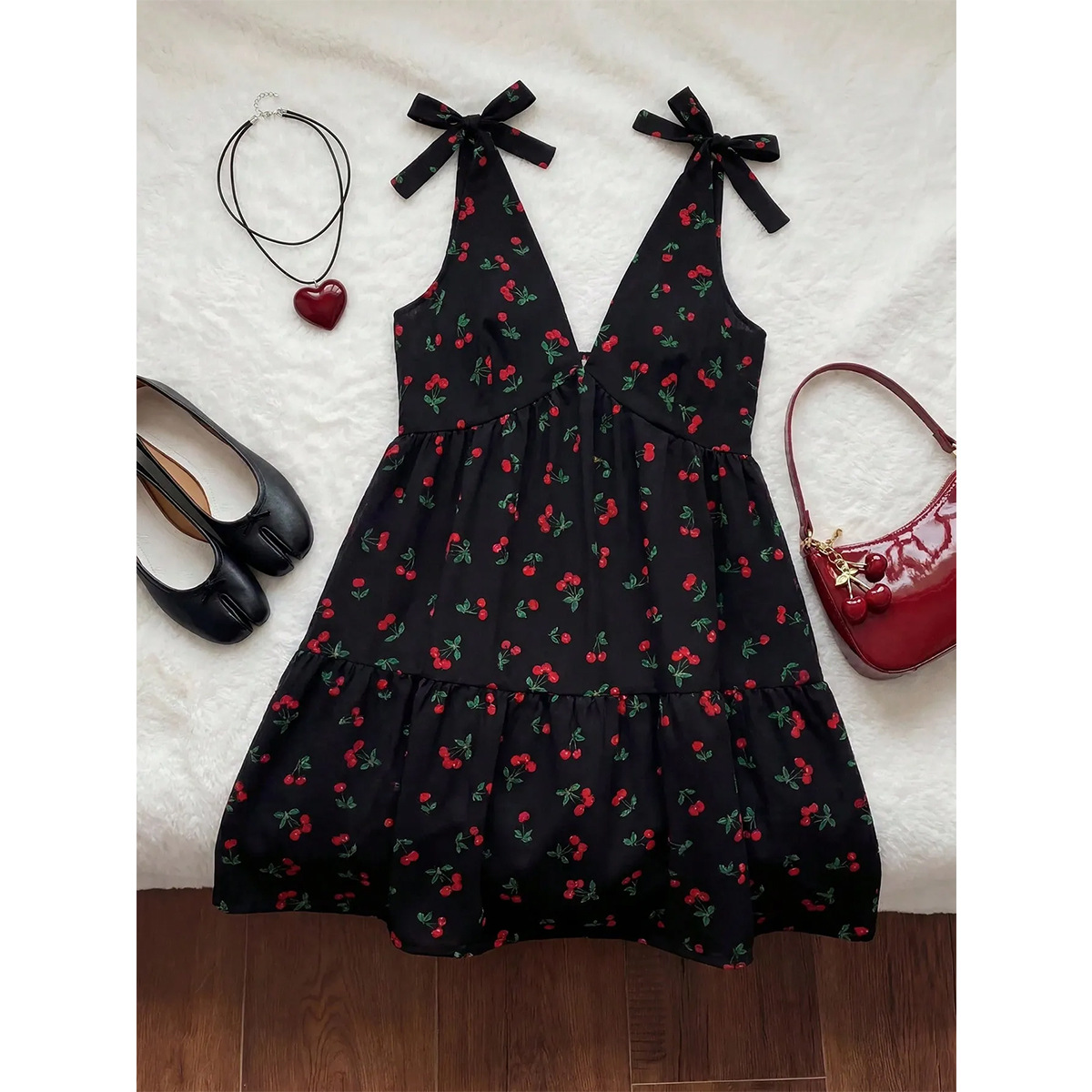 Women's V-Neck Cherry Print Cami Dress Bow Tie Layered Floral Mini Dress