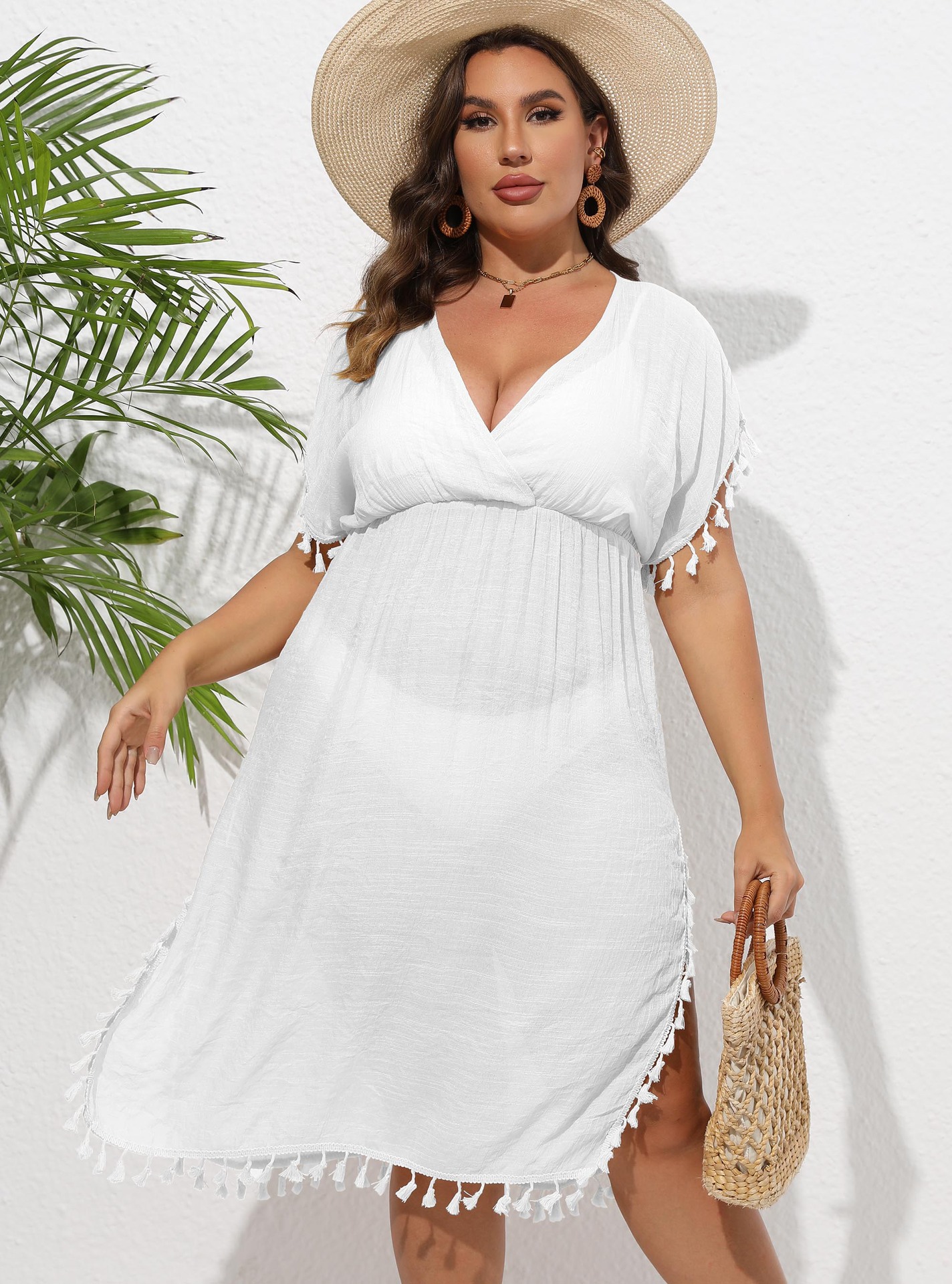 Women's Tassel Fringe Deep V-Neck Waist-Cinching Beach Cover-Up Dress