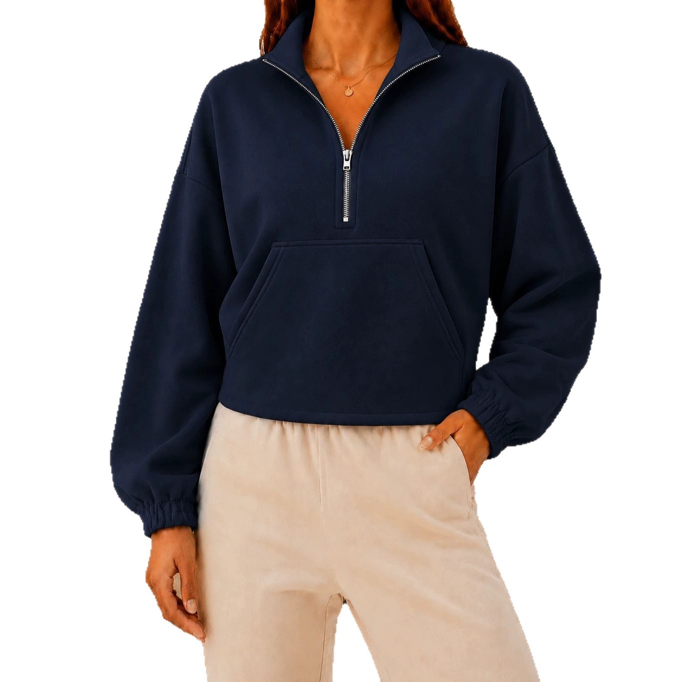 Women's Half-Zip Collared Cropped Hoodie with Kangaroo Pocket