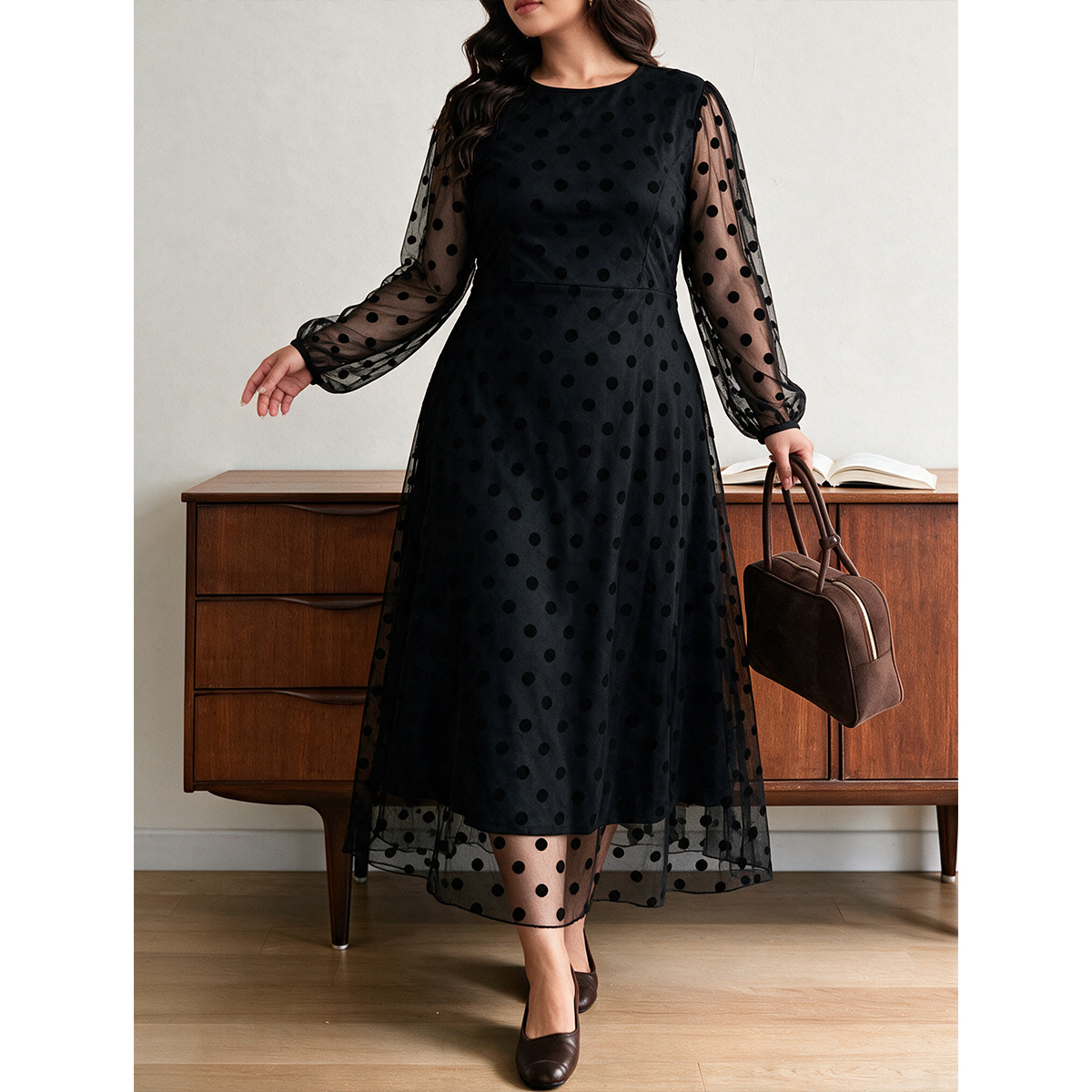 Women's Black Polka Dot Mesh Long Sleeve Dress with Sheer Puff Sleeves and Round Neck