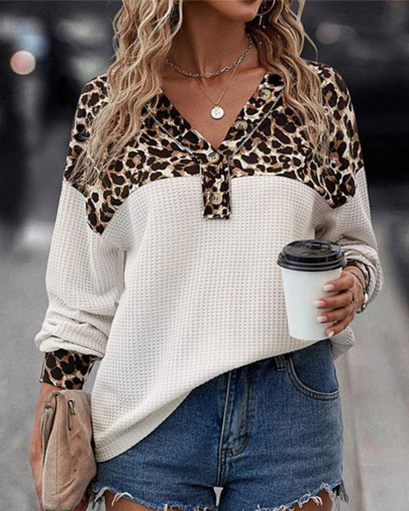 Leopard Print V-Neck Button Long-Sleeve Sweatshirt for Women