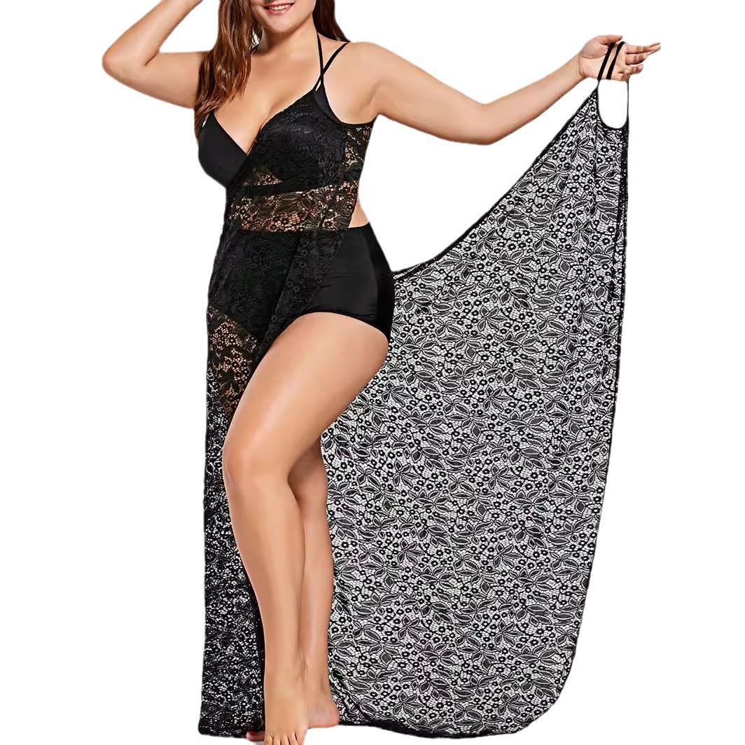 Black Lace Sheer Cover-Up Beach Dress Sun Protection Multi-Way Shawl