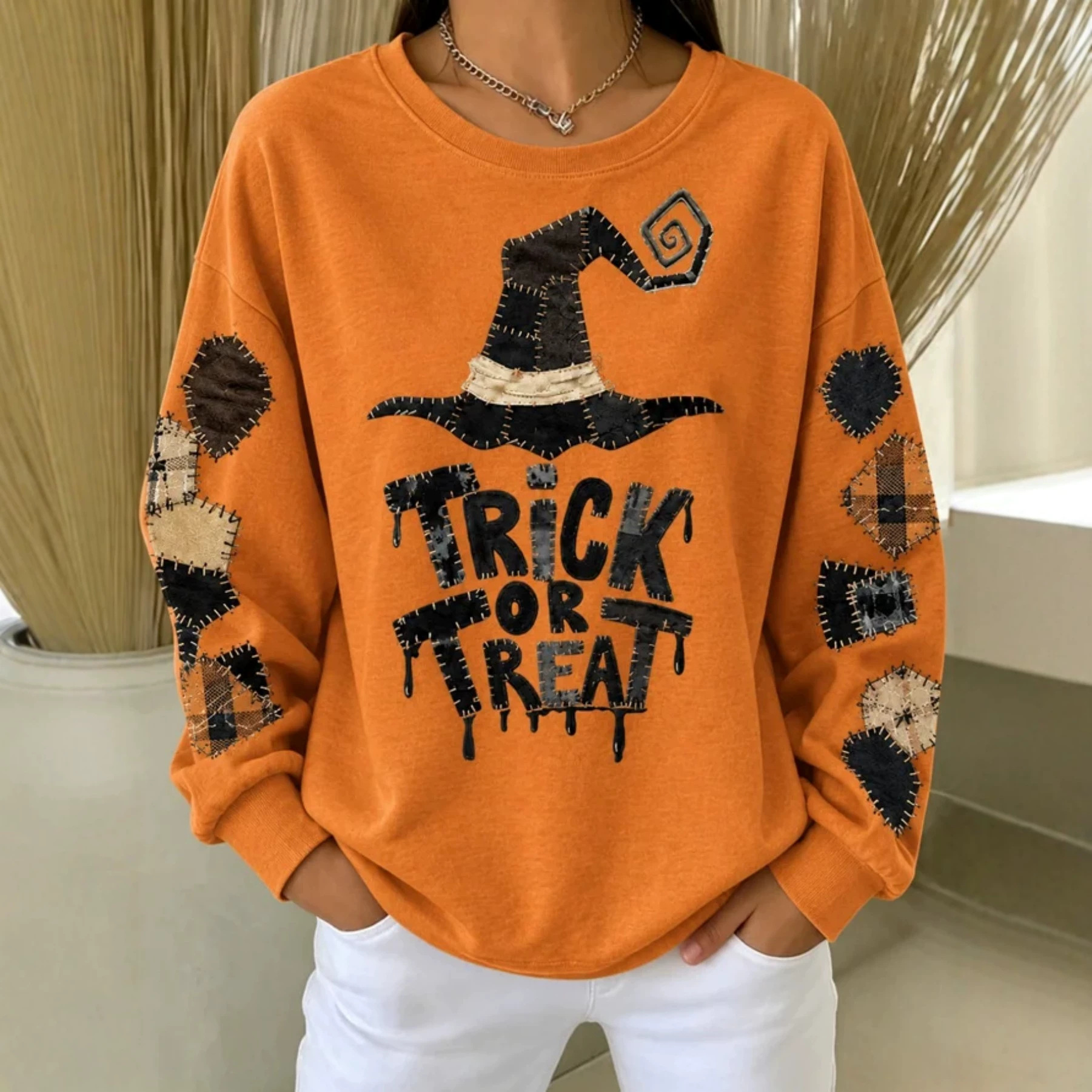 Halloween Witch Hat Letter Print Long Sleeve Pullover Sweatshirt