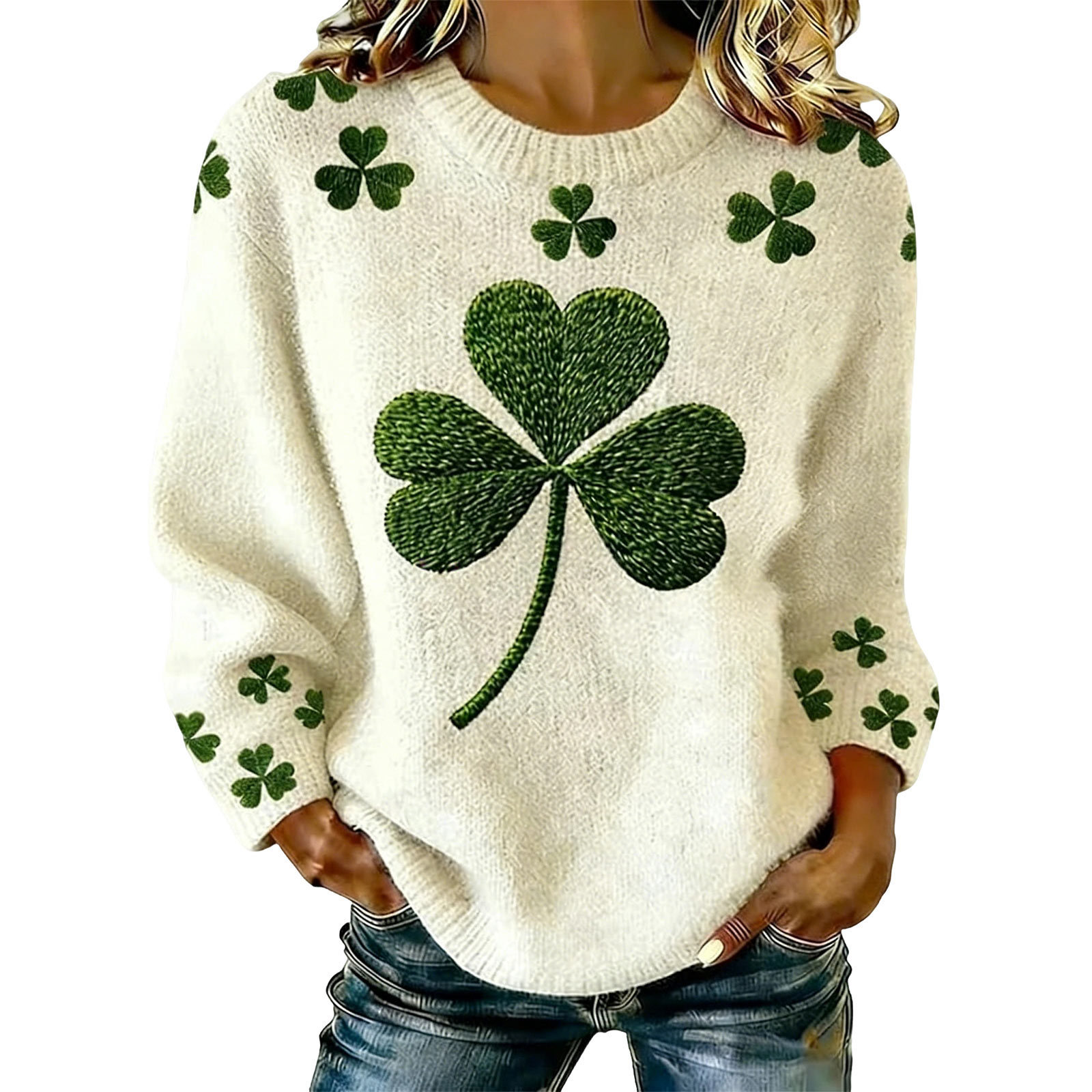 Women's Clover Print Crewneck Sweatshirt Casual Pullover