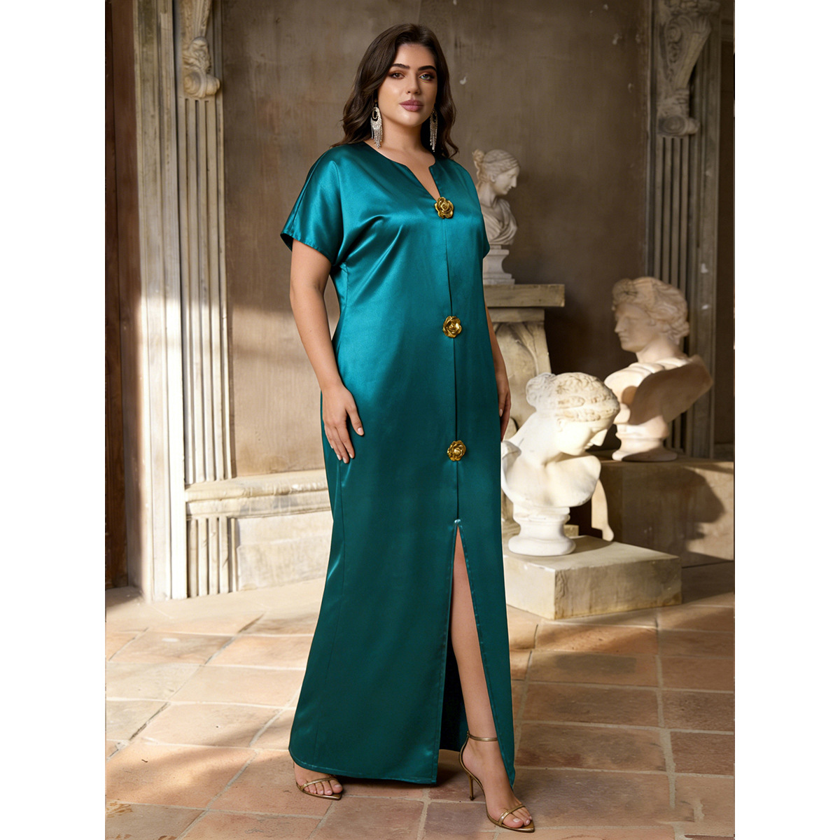Plus Size Slit Maxi Dress with 3D Floral Appliqué Short Sleeve
