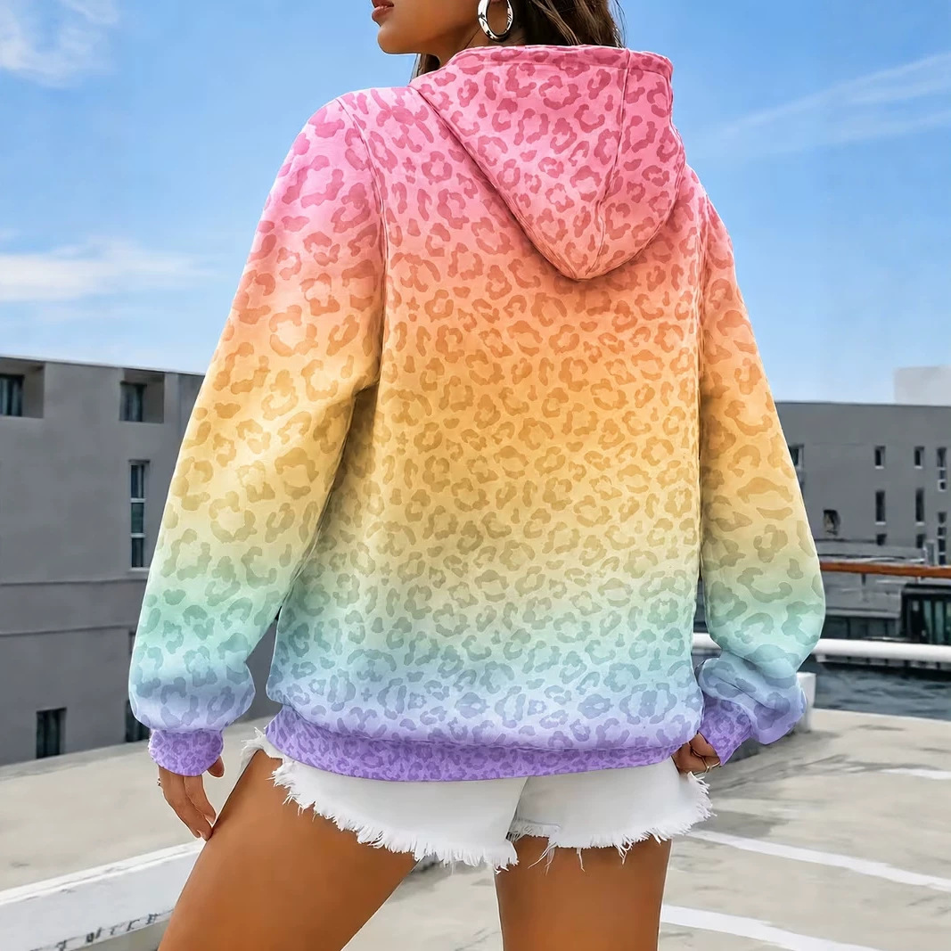 Women's Leopard Print Colorful Polka Dot Graphic Hoodie Casual Sweatshirt