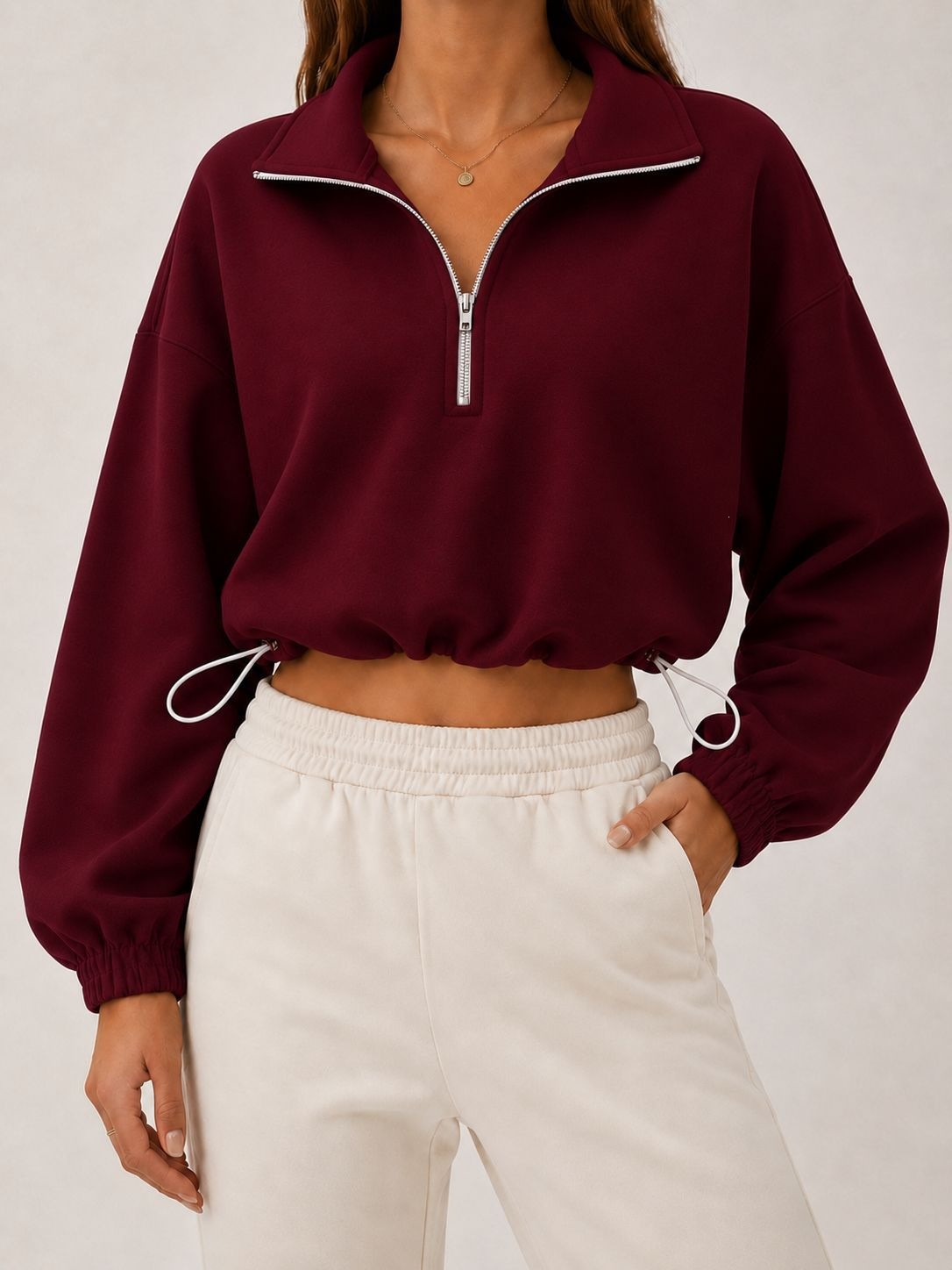 Women's Solid Half-Zip Collared Cropped Hoodie with Drawstring Waist