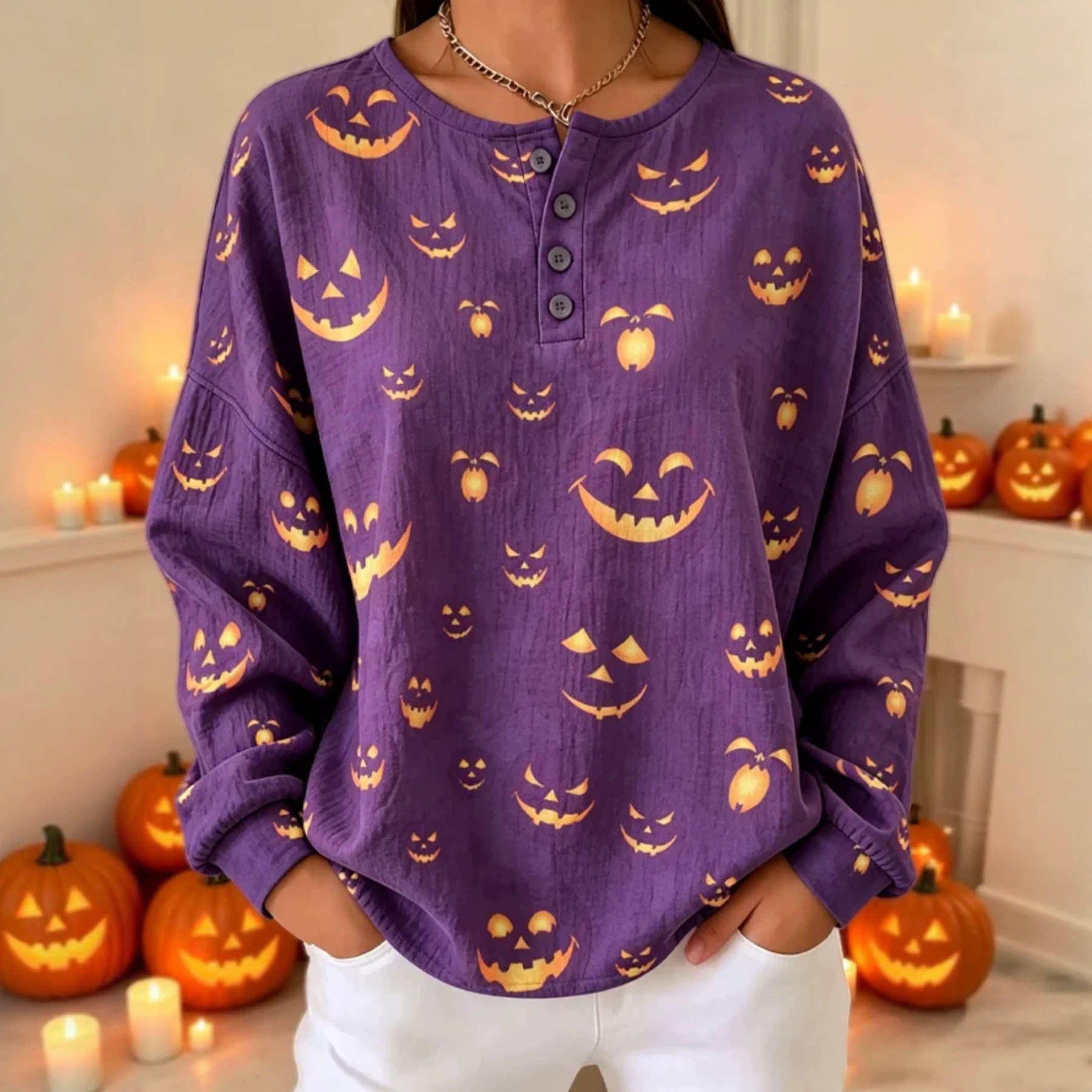 Women's Retro Pumpkin Smiley Print Button Sweatshirt
