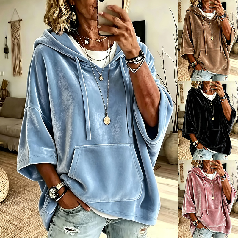 Velvet Hooded Sweatshirt Solid Color Plus Size with Pocket