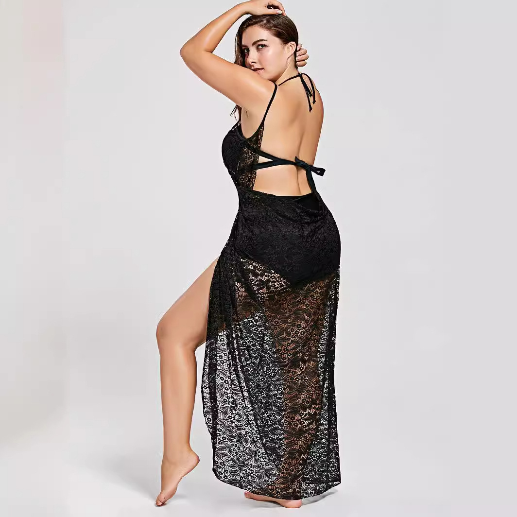 Black Lace Sheer Cover-Up Beach Dress Sun Protection Multi-Way Shawl