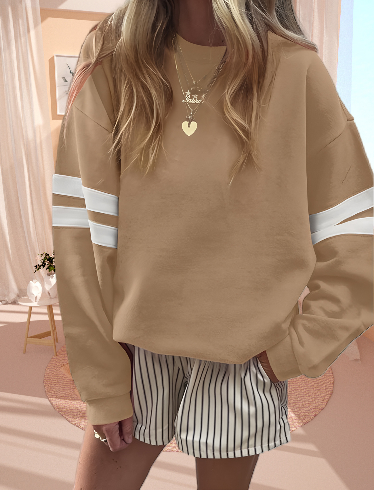 Women's Loose Striped Cotton Sweatshirt Long Sleeve Crewneck