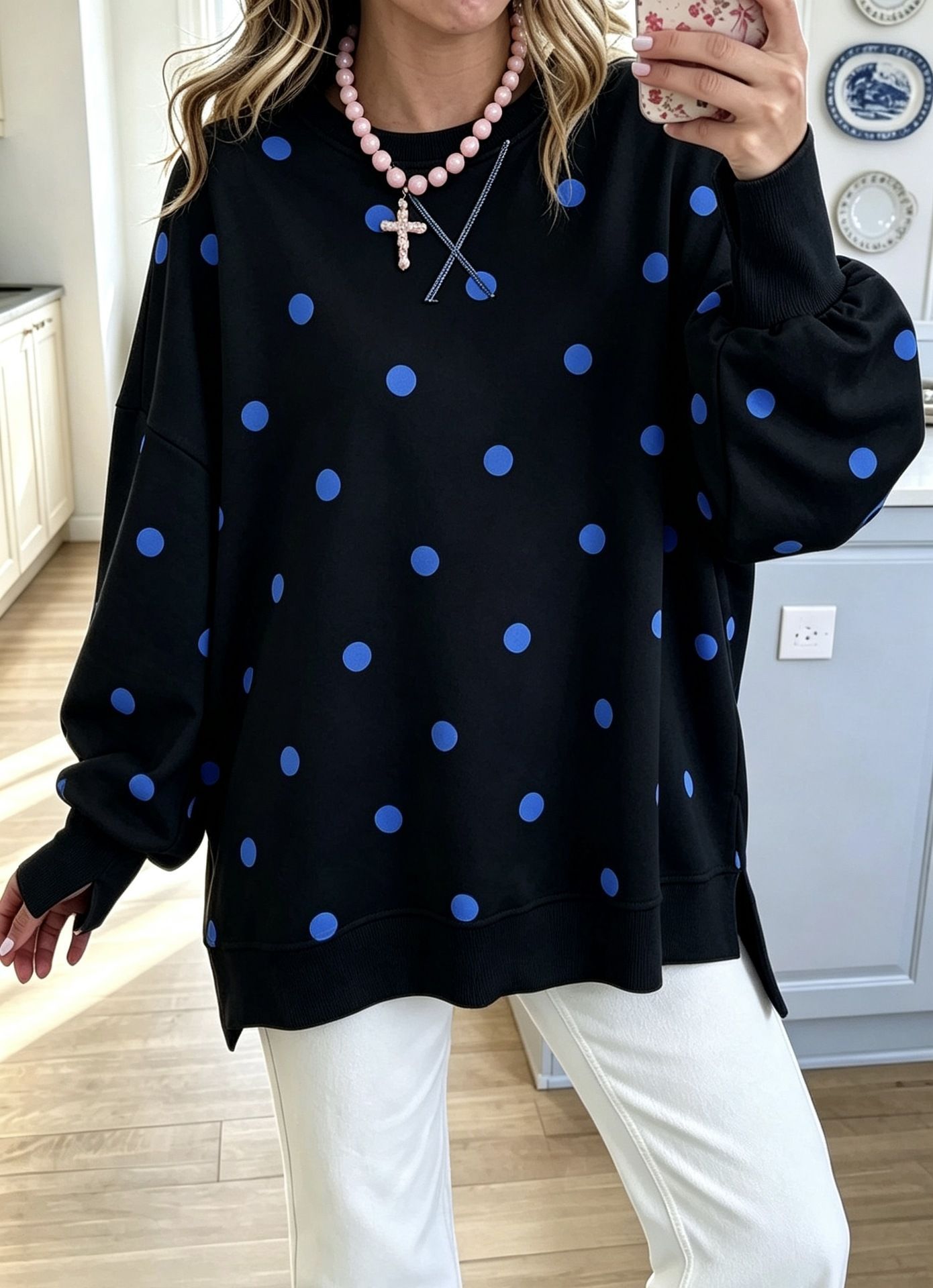 Polka Dot Print Long Sleeve Pullover Sweatshirt Loose Casual Shirt