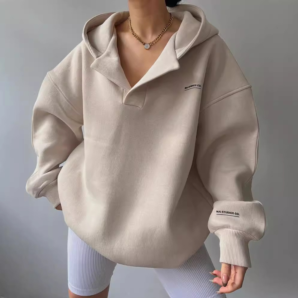 Fleece-Lined Hooded V-Neck Print Long-Sleeve Sweatshirt