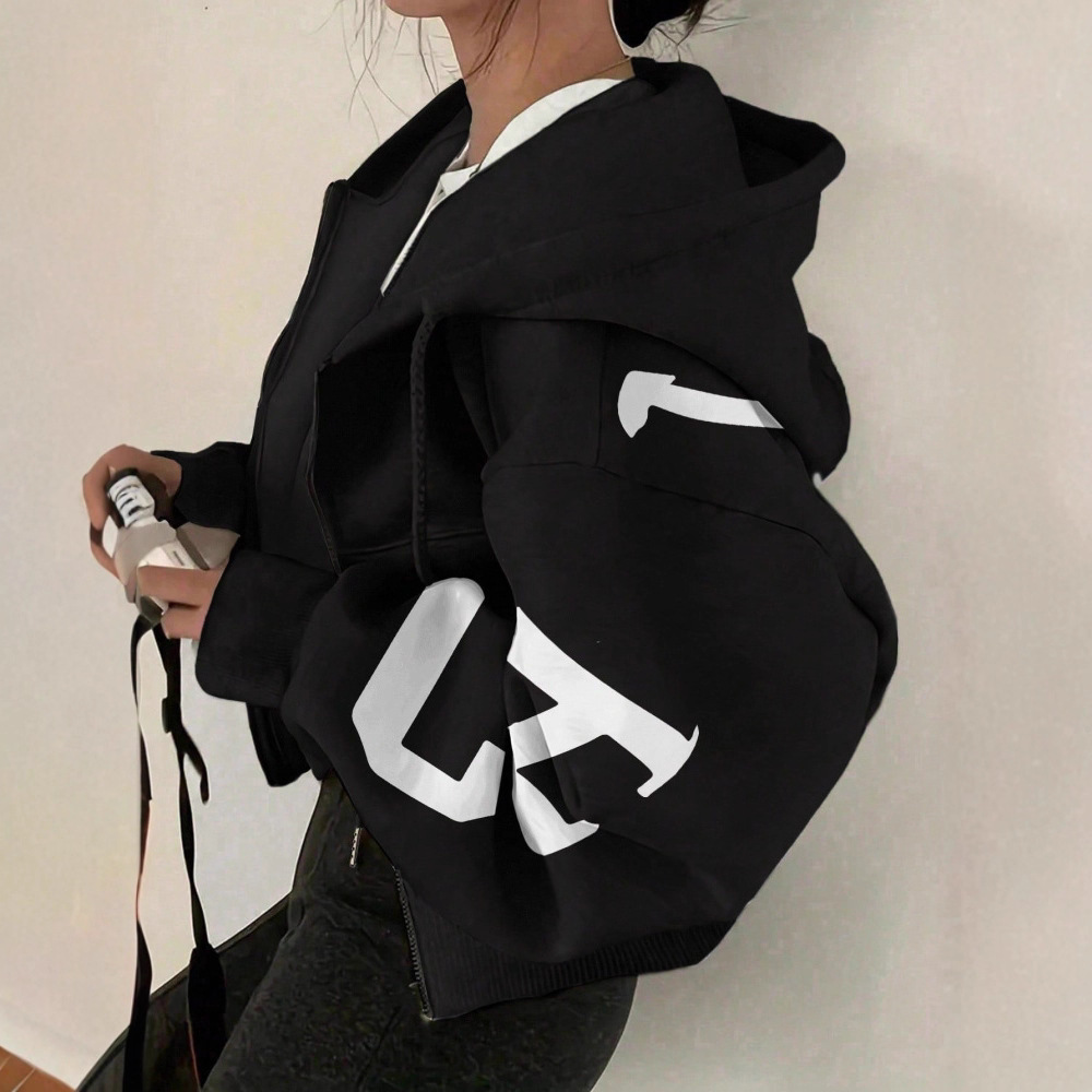 Women's Casual Letter Print Loose Hooded Zip-Up Sweatshirt