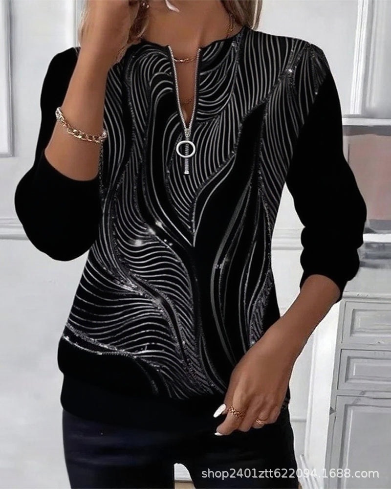 Women's Boho Print Long Sleeve Zip-Up Sweatshirt Casual Top