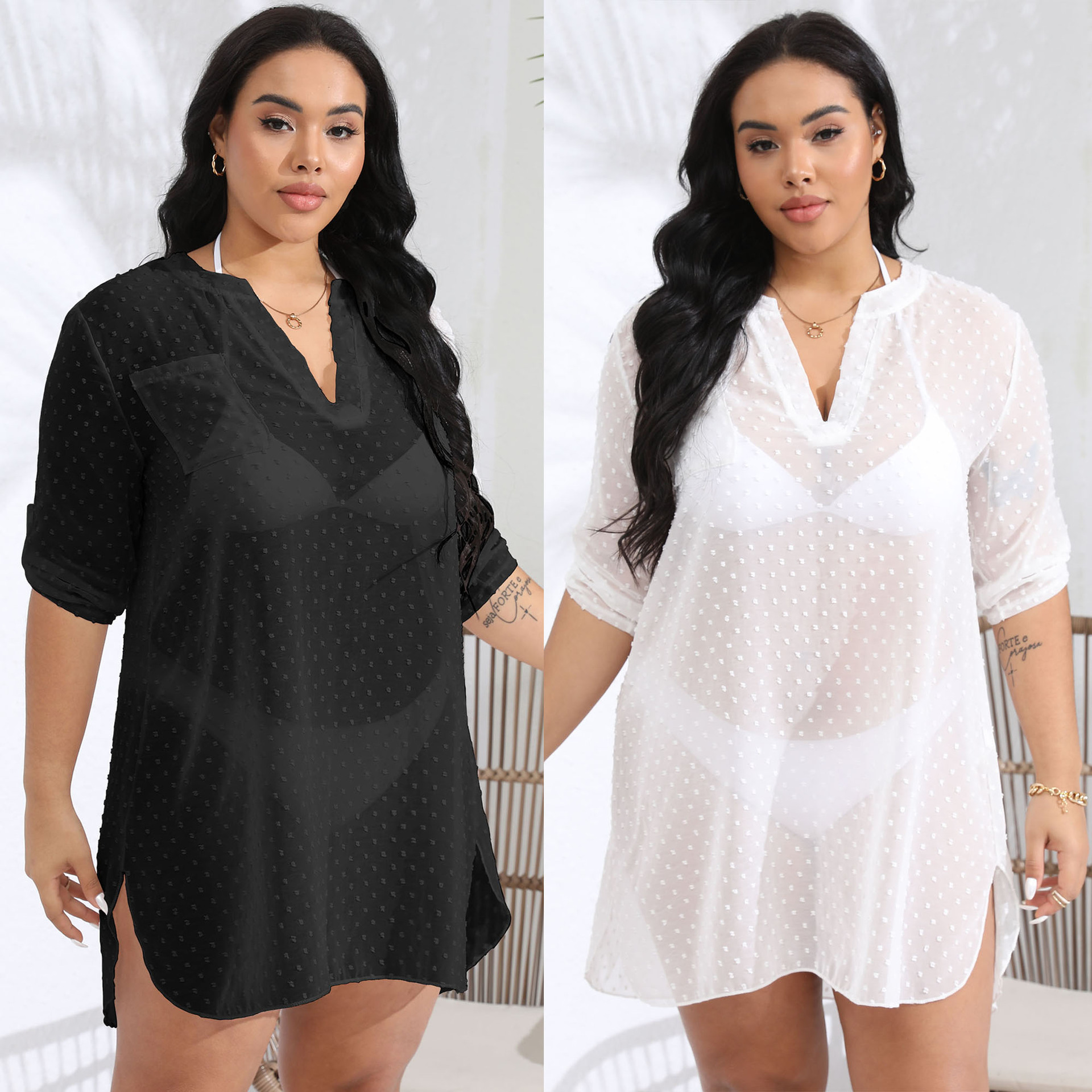 Women's V-Neck Sheer Polka Dot Jacquard Chiffon Beach Cover-Up Shirt Dress with Pockets