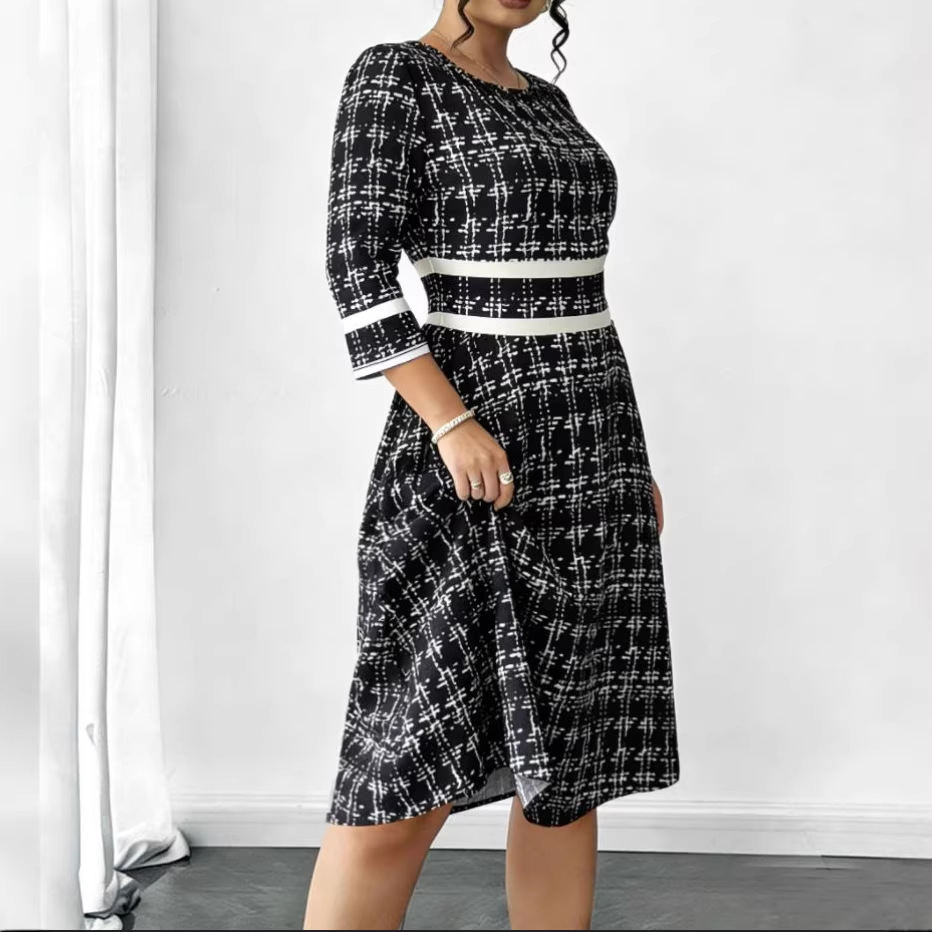 Women's Black and White Plaid Dress Waist-Cinching A-Line Midi