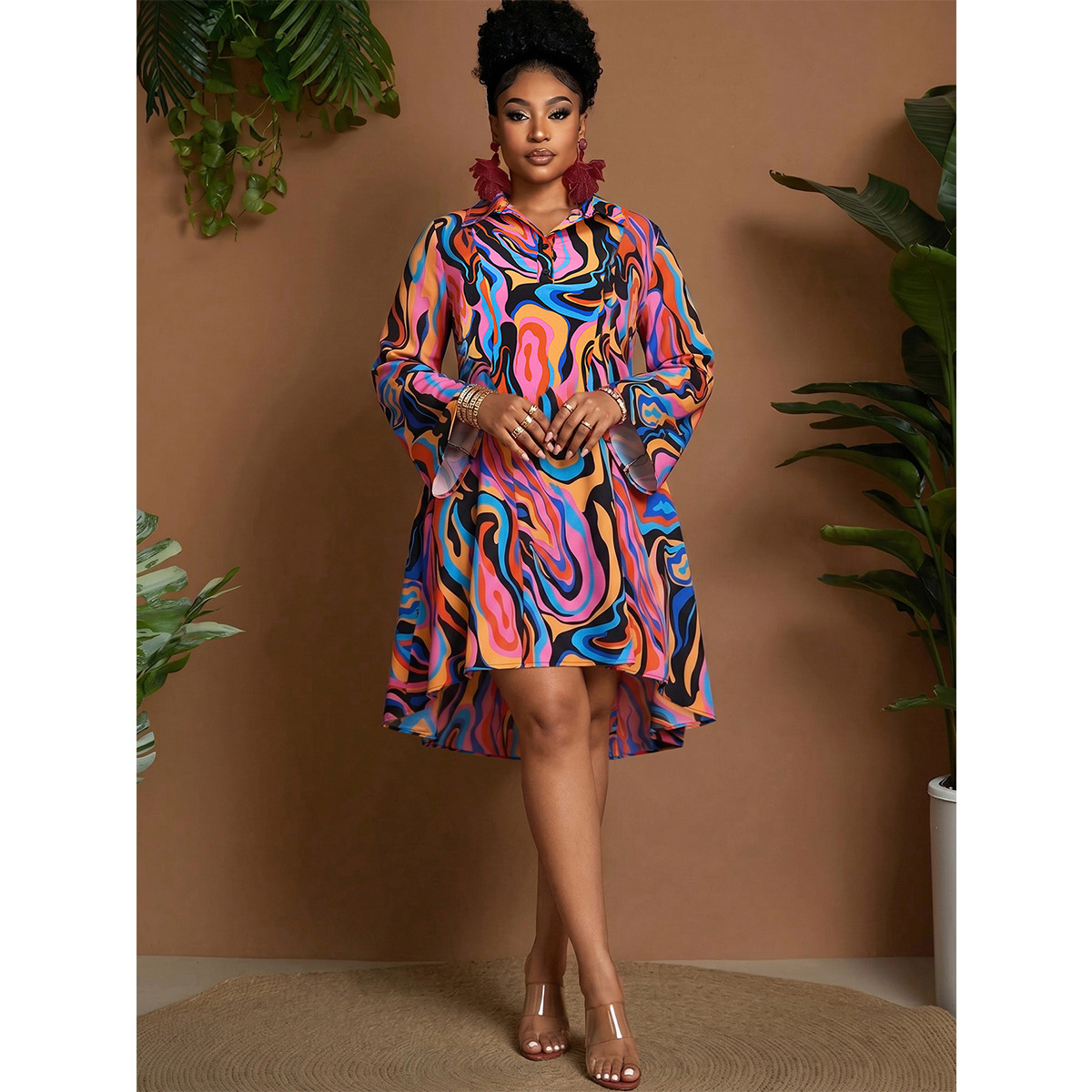 Plus Size Printed Midi Dress with Collar Button Bell Sleeves Asymmetrical Hem