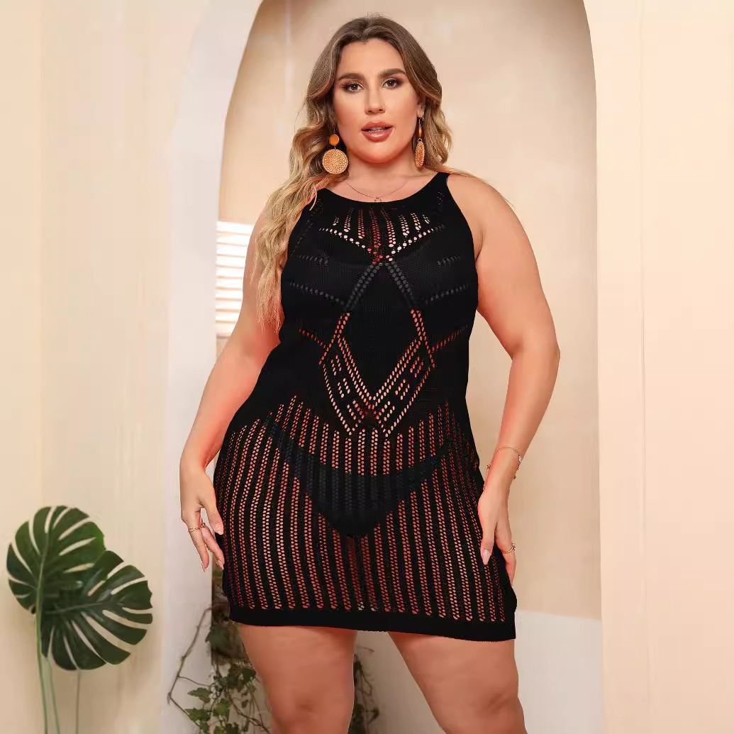 Women's Hollow-Out Knit Beach Cover-Up Dress Sleeveless Round Neck Short