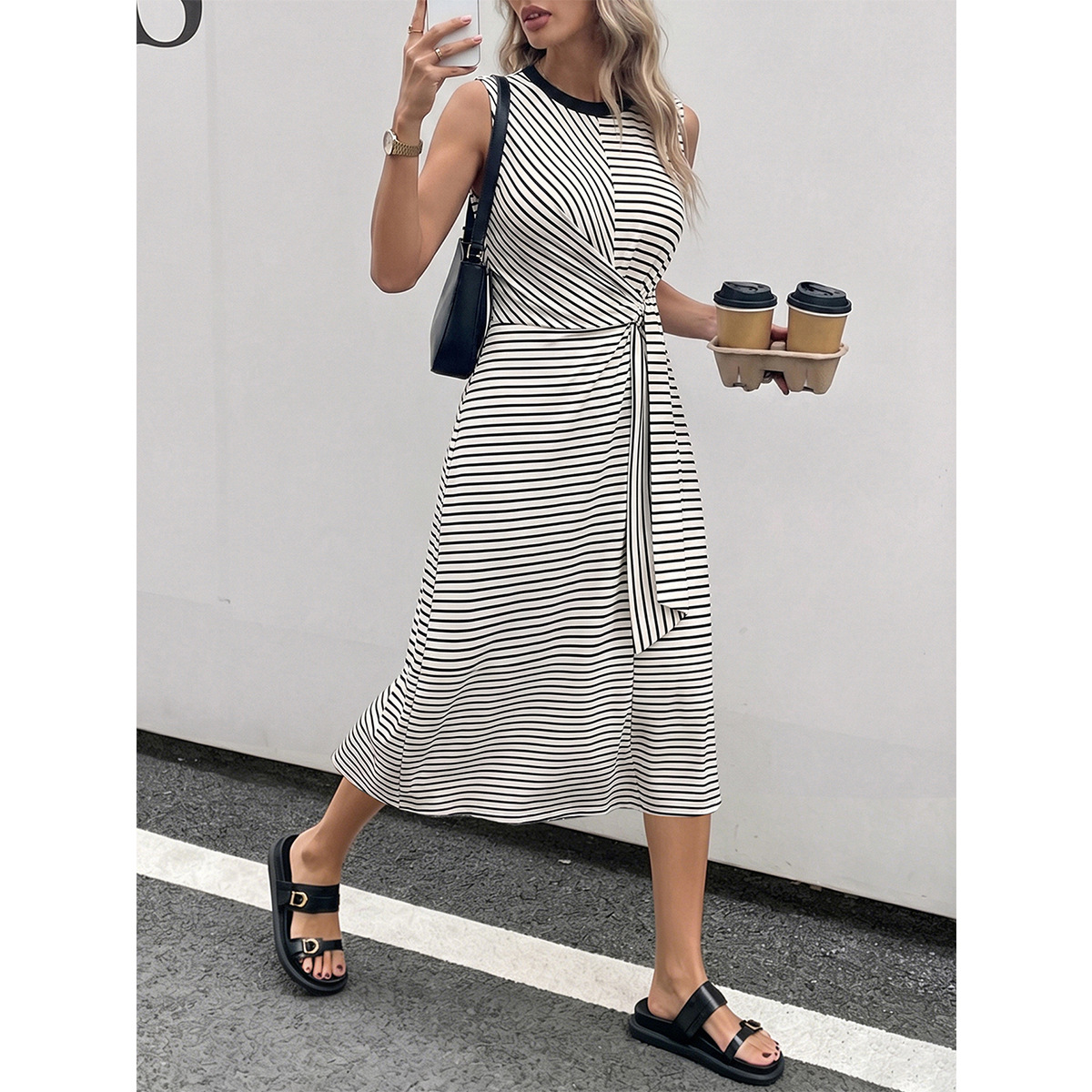 Women's Striped High-Waist A-Line Midi Dress with Round Neck