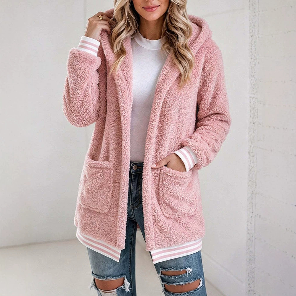 Women's Sherpa Fleece Hooded Jacket Striped Trim
