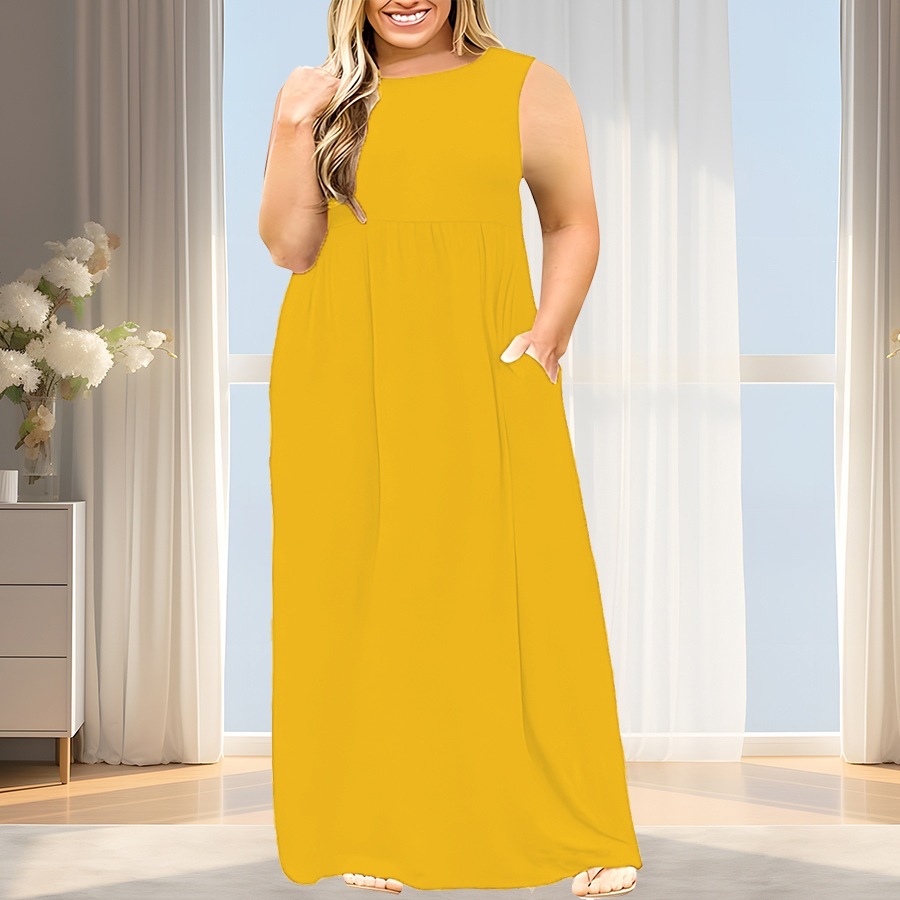 Women's Solid Color Round Neck Long Dress Casual Loose Fit