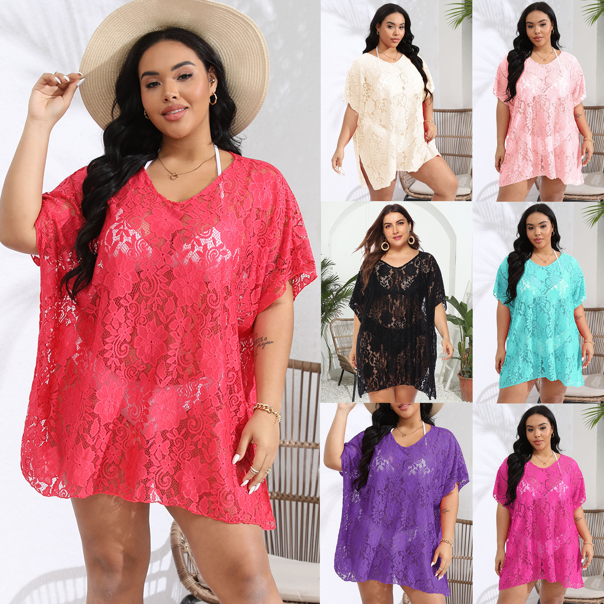 Women's Sexy Lace Cutout Sheer V-Neck Slit Beach Dress Cover-Up