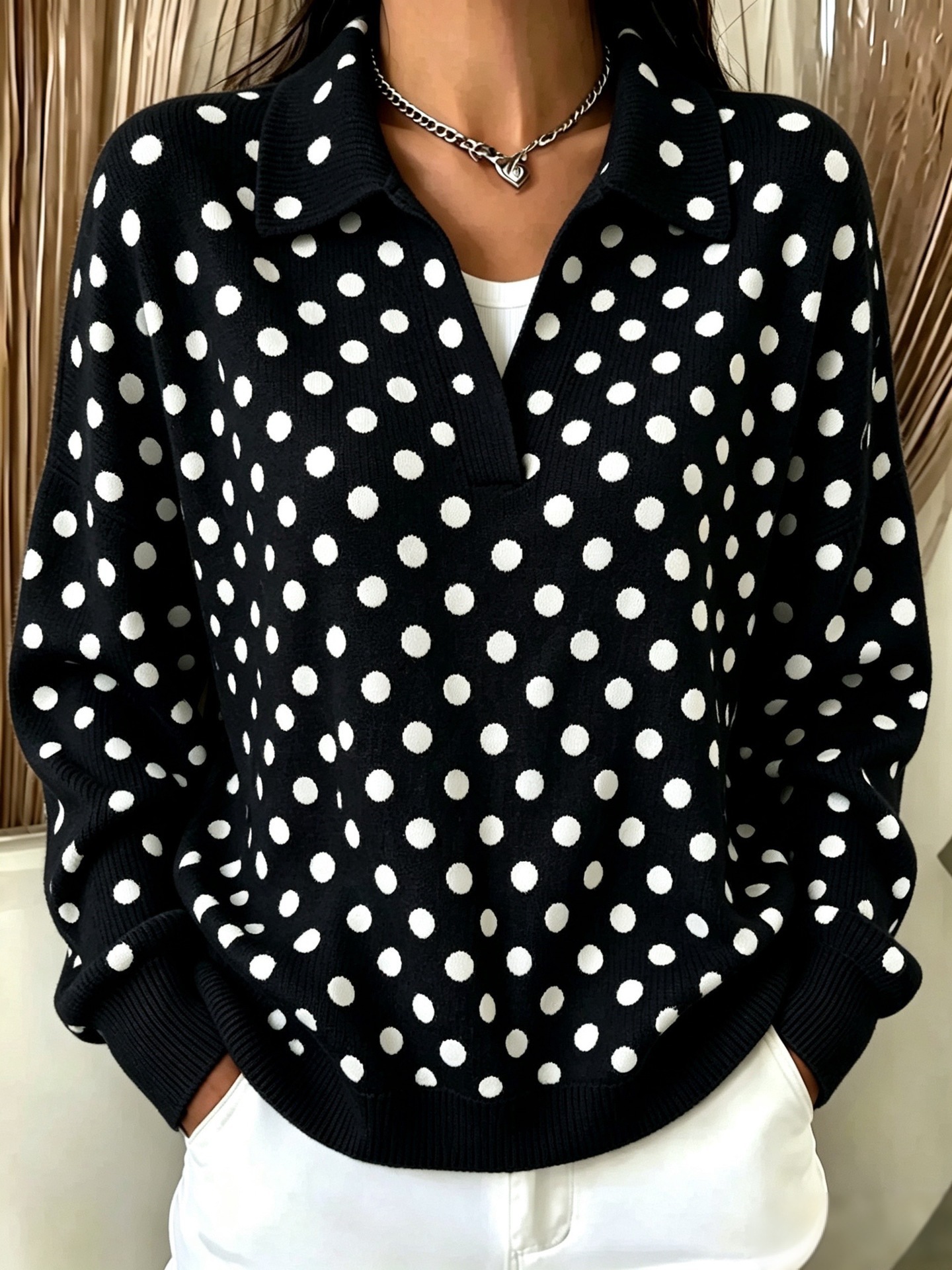 Women's Retro Polka Dot Print Button-Up Collared Sweatshirt