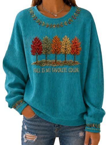 Women's Tree & Maple Leaf Print Crewneck Sweatshirt Casual Pullover