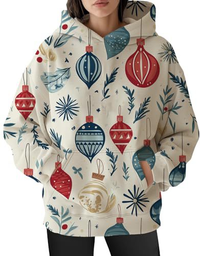 Women's Christmas Print Hoodie with Lantern Leaf Motif