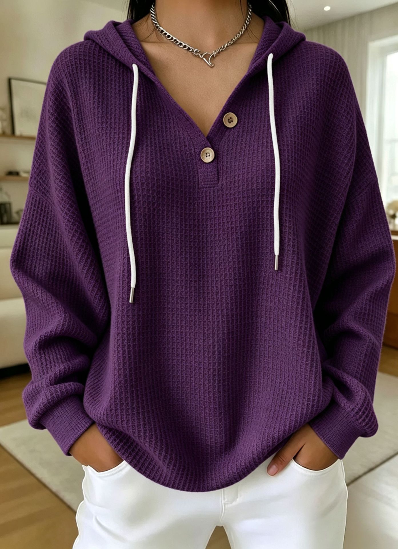 Women's Waffle Knit Drawstring Hoodie Oversized Pullover