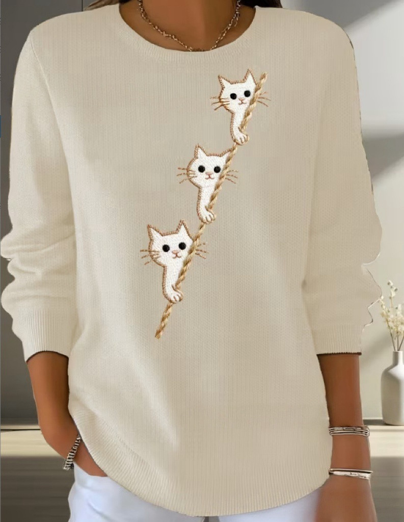 Women's Cat Ladder Print Crewneck Sweatshirt