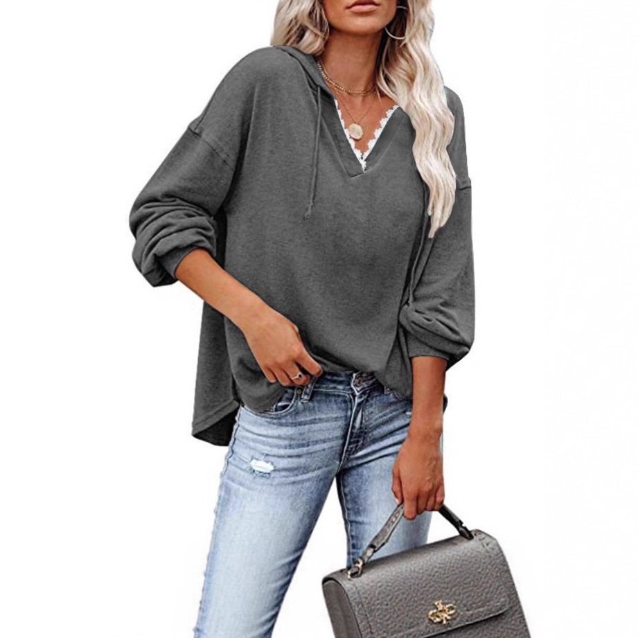 Women's Casual Hooded Lace V-Neck Long Sleeve Sweatshirt