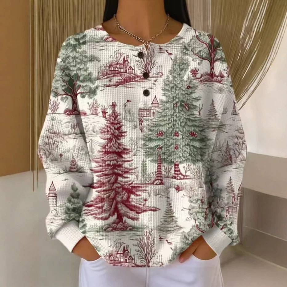 Women's Retro 3D Print Three-Button Stand Collar Polo Sweatshirt