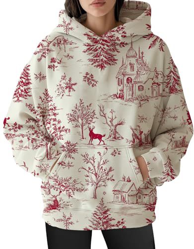 Women's Christmas Print Hoodie with Lantern Leaf Motif