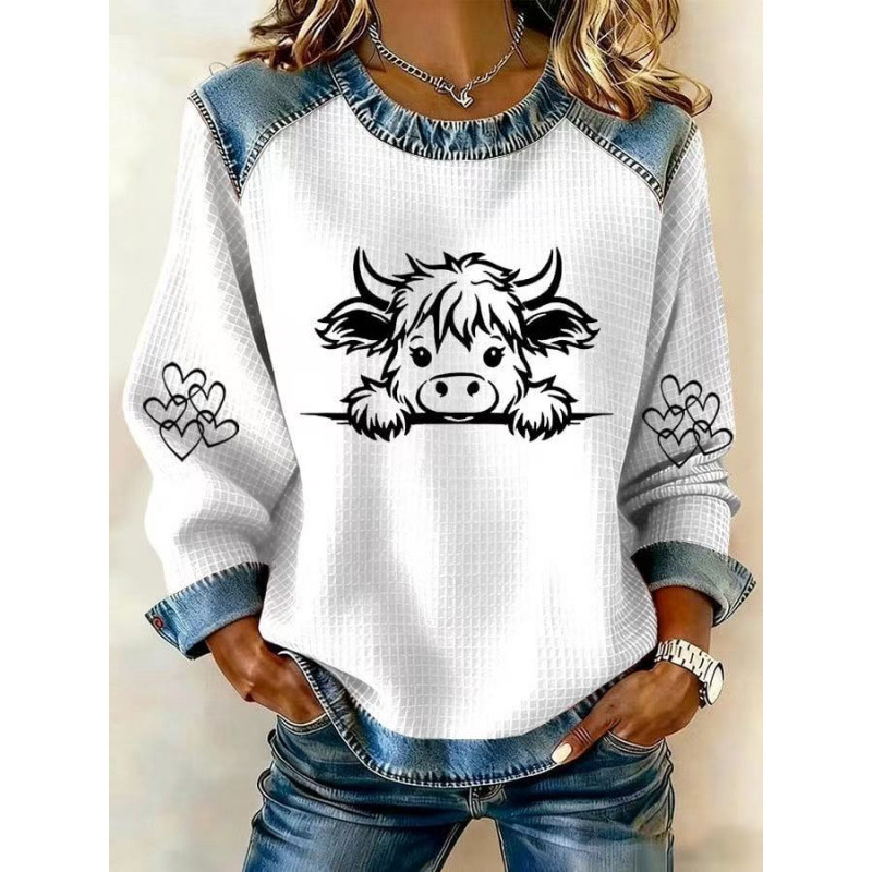 3D Print Colorblock Denim Collar Pullover Sweatshirt Women's Long Sleeve Loose Fit