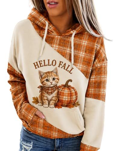 Plaid Cat & Pumpkin Print Hooded Sweatshirt for Women