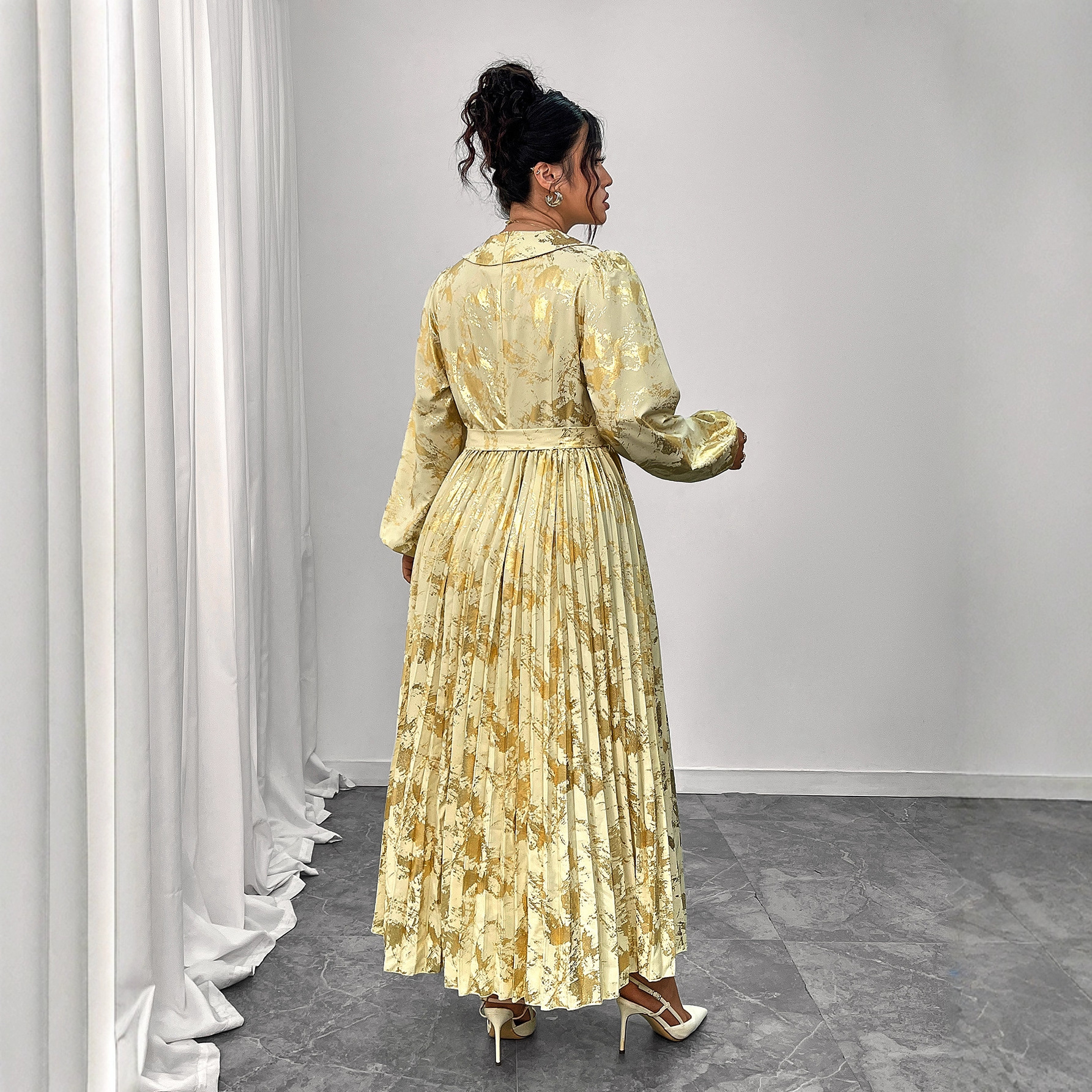 Long Sleeve V-Neck Floral Tie-Waist Midi Dress French Vintage Hepburn Style