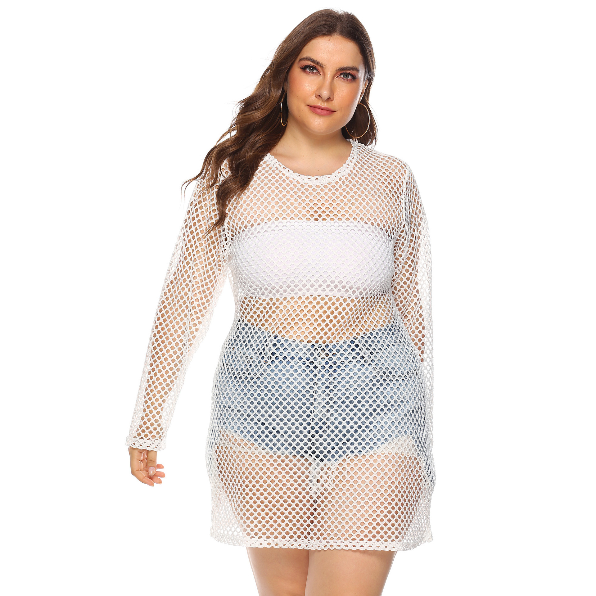 Women's Sheer Mesh Hollow-Out Beach Bikini Cover-Up Dress