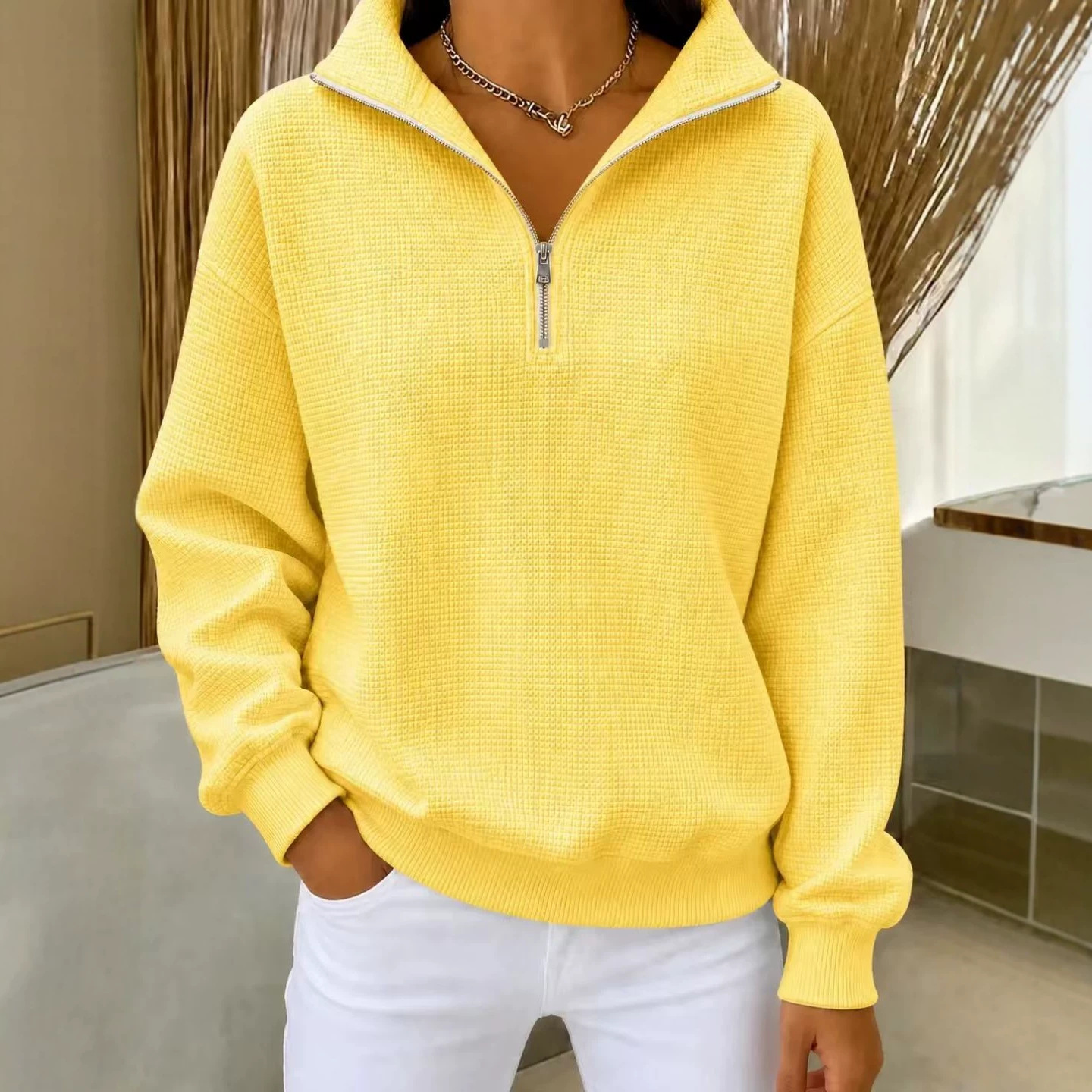 Women's Waffle Knit Solid Stand Collar Zip-Up Long Sleeve Sweatshirt