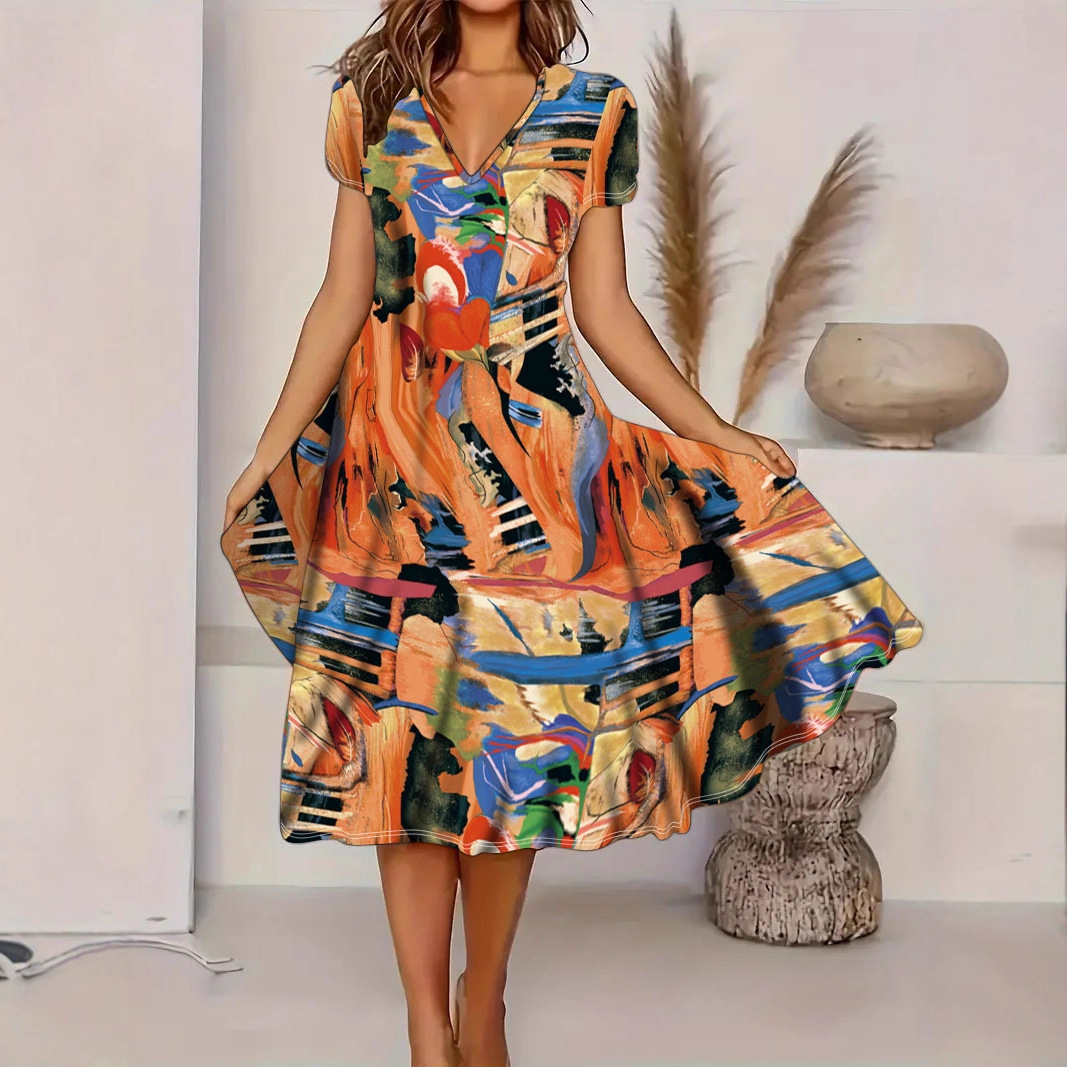 Digital Print V-Neck Midi Dress