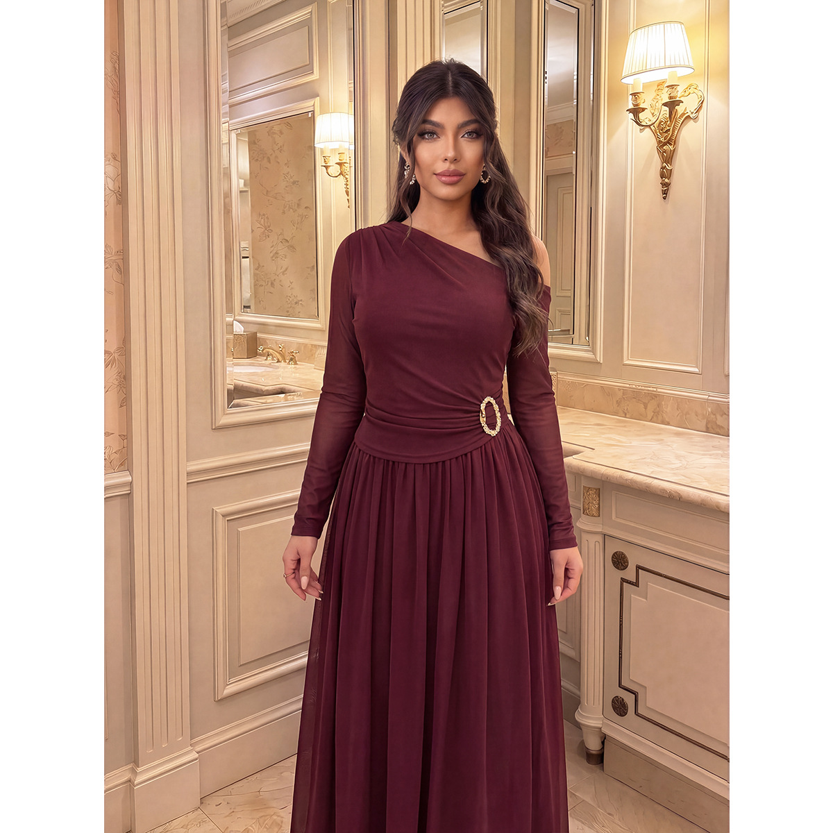 Plus Size One-Shoulder Mesh Evening Dress with Rhinestone Waist