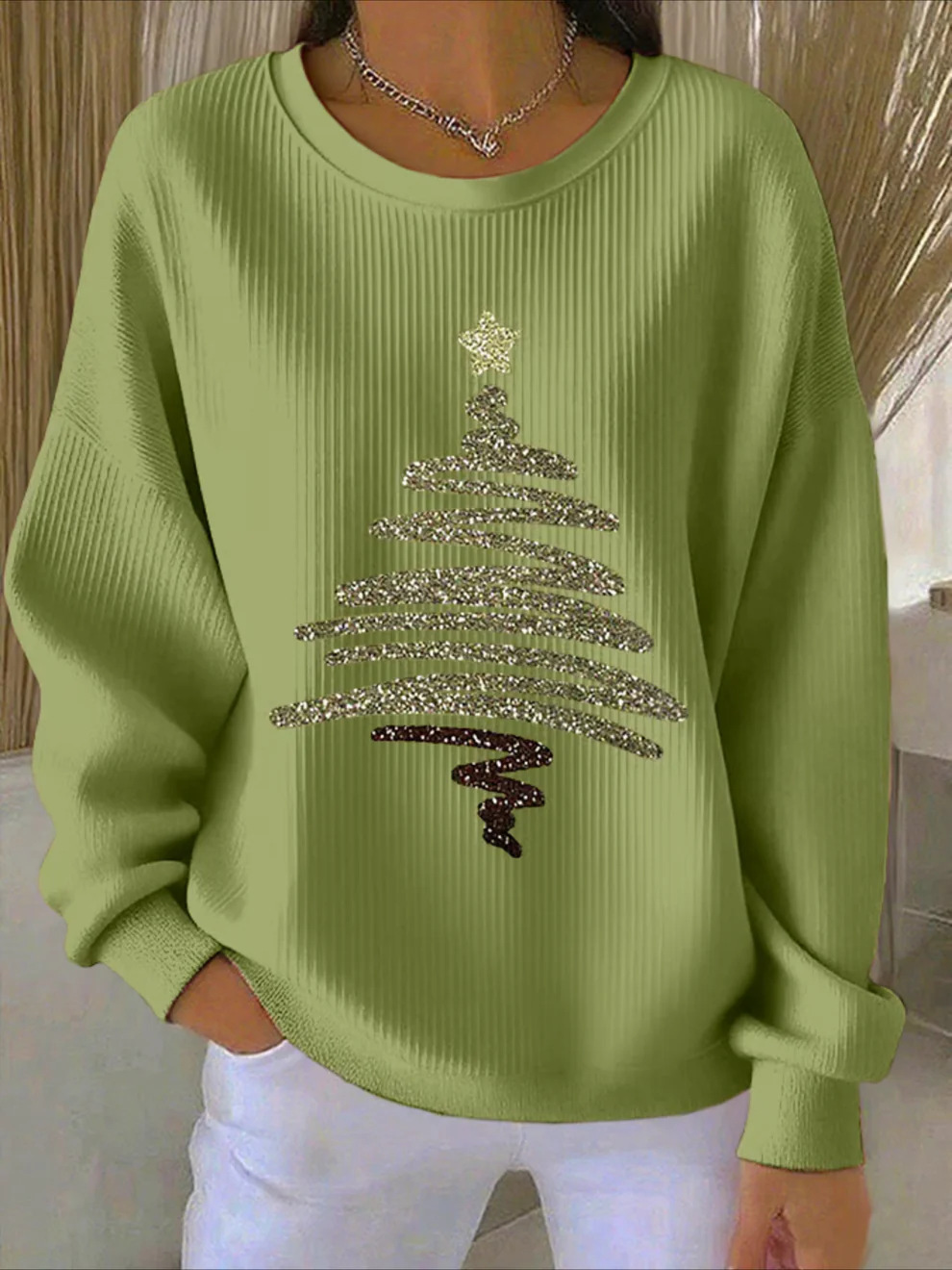 Women's Pumpkin Christmas Tree Bow Print Crewneck Sweatshirt