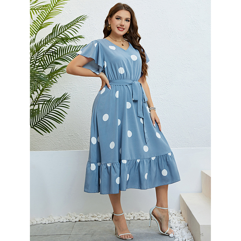 V-Neck Tie-Waist Pleated Midi Dress with Polka Dots
