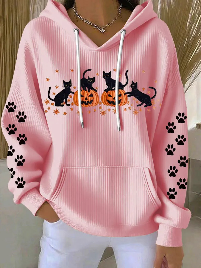Women's Halloween Cat Pumpkin Paw Print Hoodie