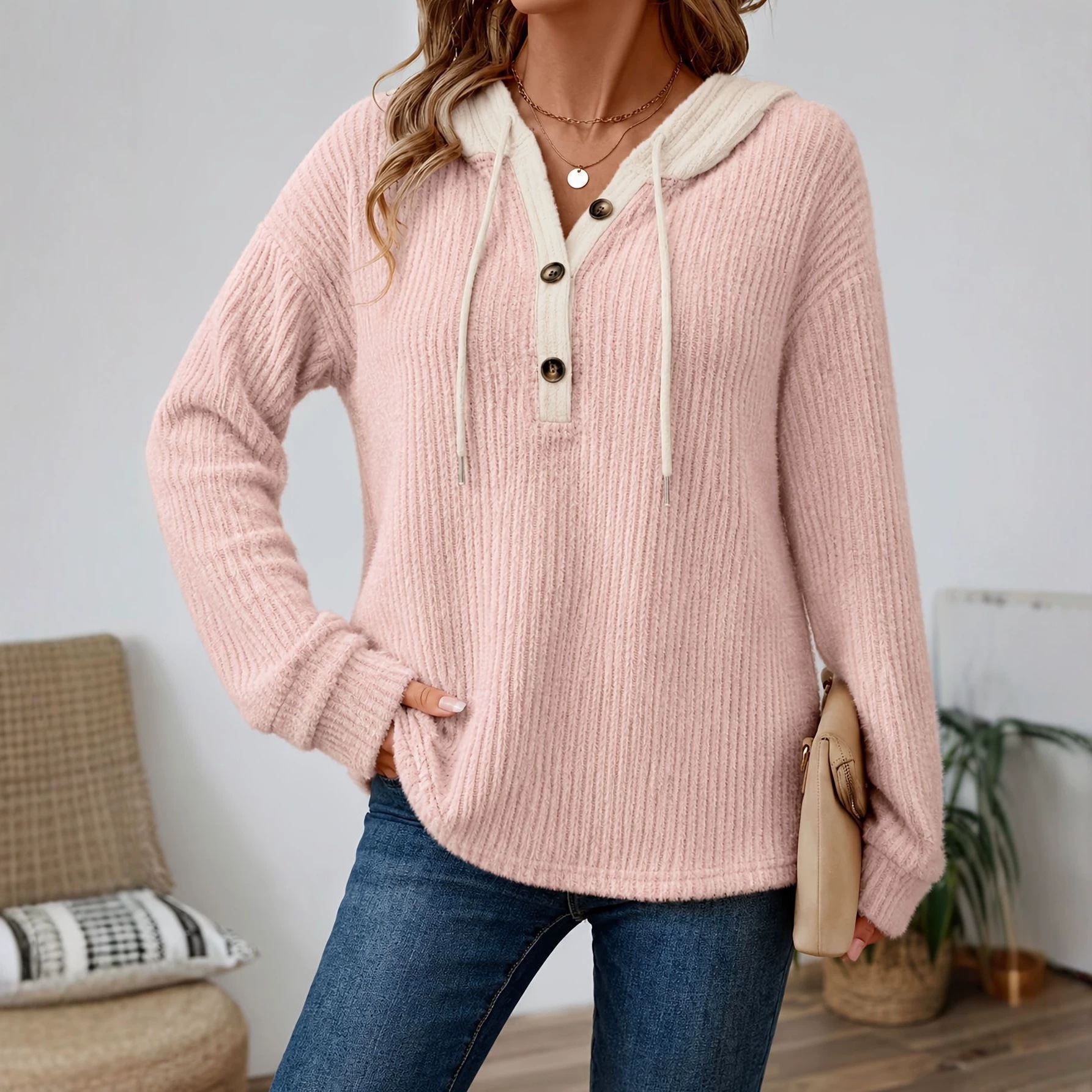 Women's Loose V-Neck Button Drawstring Hooded Casual Top