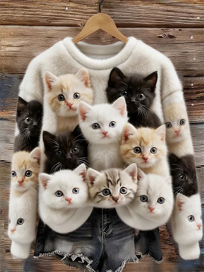 Women's Cute Cat Print Crewneck Sweatshirt