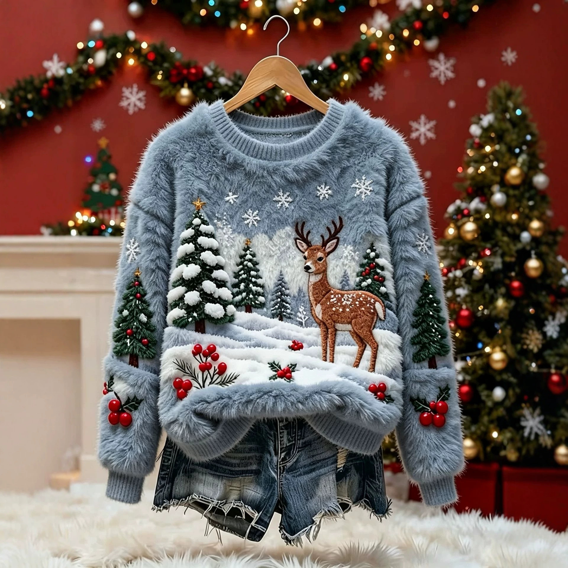Christmas Reindeer Print Long-Sleeve Pullover Fleece Sweatshirt