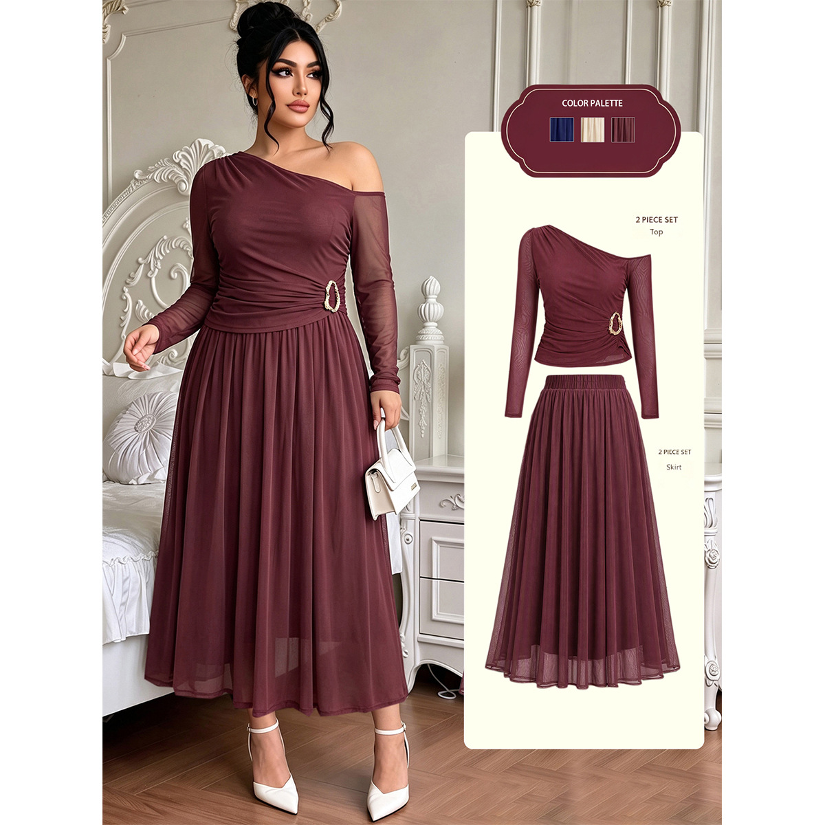 Women's One-Shoulder Mesh Long-Sleeve Midi Dress with Decorative Buttons and Pleated High Waist