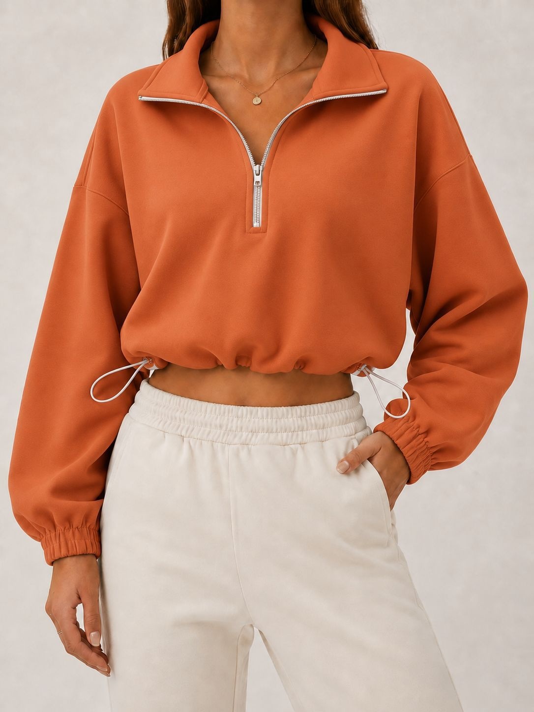 Women's Solid Half-Zip Collared Cropped Hoodie with Drawstring Waist